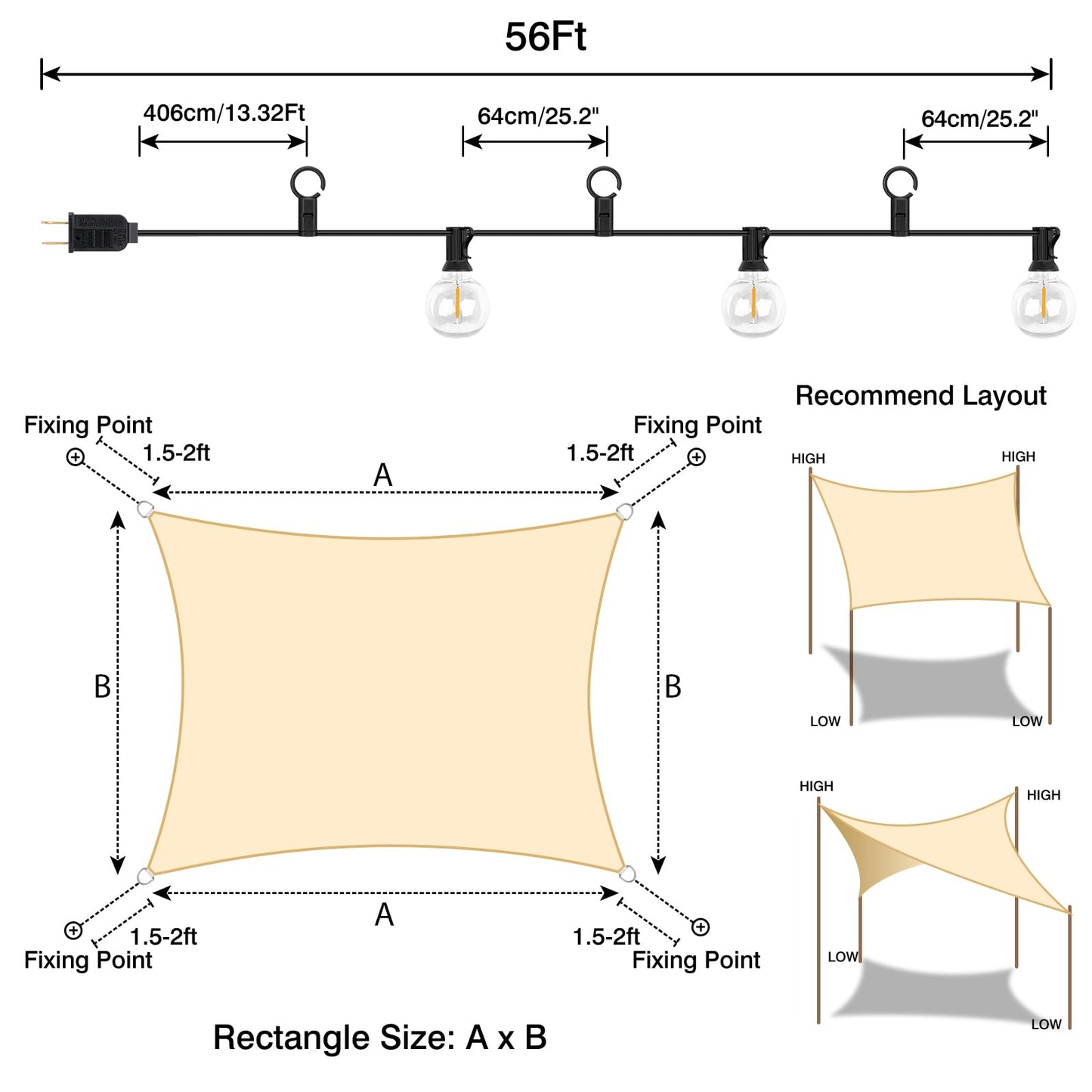 Brillihood Sun Shade Sail with LED G40 String Lights, 8‘ x 12' Rectangle Beige Shade Cloth, 95-98% UV Protection, Ideal for Patio, Garden, Backyard - Easy to Install with Innovative Hooks