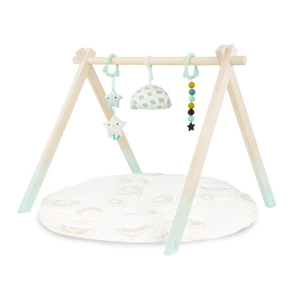 B. toys – Wooden Baby Play Gym – Activity Mat – Starry Sky – 3 Hanging Sensory Toys – Natural Wood – Babies, Infants
