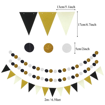 ZERODECO Party Decoration, 21 Pcs Black and Gold Hanging Paper Fans, Pom Poms Flowers, Garlands String Polka Dot and Triangle Bunting Flags for Birthday Parties Wedding Décor, Table & Wall Decorations