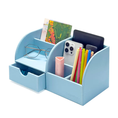 UnionBasic Desk Organizer - Multifunctional Leather Desktop Pen Holder Storage Box - Business Card/Pen/Pencil/Mobile Phone/Stationery Holder, Blue