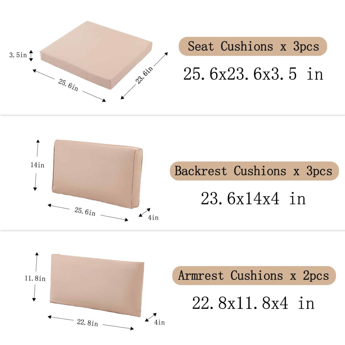 LYLNBYWK 8Pcs Outdoor Sectional Cushions, Replacement Cushions Wicker Rattan Sofa Patio Conversation Set, Waterproof, UV/Zipper, Beige