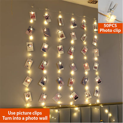 ZSJWL 3.3×5ft Short Curtain Lights with 8 Hook for Small Windows, 96 LED Warm White Photo Clips String Light with 52 Clear Clips, Remote Control 8 Modes USB Fairy Lights for Bedroom, Party, Wall
