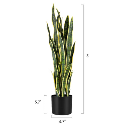 KOL 3ft Artificial Snake Plant, Fake Sansevieria Potted Floor Plants, Lifelike Faux Leaves, Indoor Home Office Room Decoration, Mother-in-Law Tongue, 35in, Yellow
