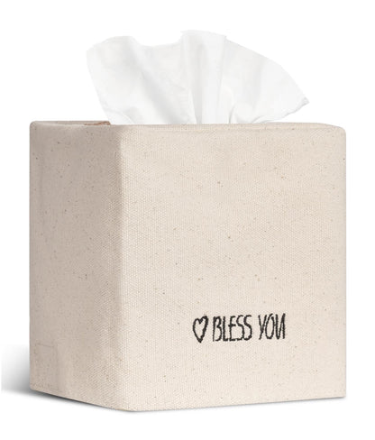 Livelab Tissue Box Cover Square, Chic Canvas Tissue Box Holder with Embroidery Text Decor, Stylish Tissue Case Facial Paper Cube Cover for Your Home, Officce and Bathroom | Ivory