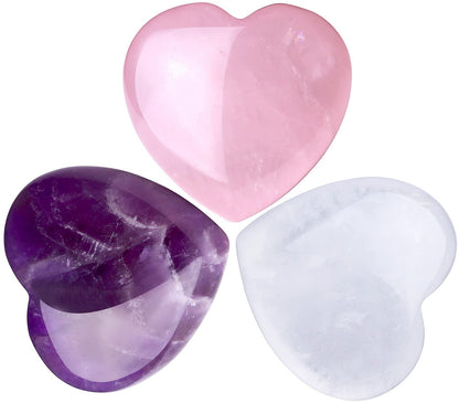 QINJIEJIE 1.2" Large Heart Crystals Rose Quartz Amethyst Healing Clear Crystal Heart Shape Love Stones Gemstones Stone Stocking Stuffers Polished Thumb Gemstones Therapy Energy Balancing Gifts 3 Pcs