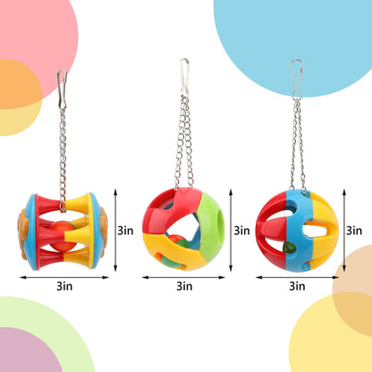 Hypeety Parrot Colorful Ball Toys with Bell Cage Hanging Chewing String for Parakeet Conure Cockatiel Small Medium Birds (A+B+C)