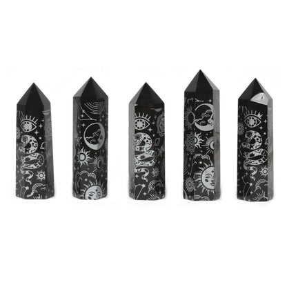 Black Obsidian Moon and Witch Crystal Tower Healing Crystal For Spiritual Use Hexagonal Point Reiki Chakra Gemstone Home Office Decor