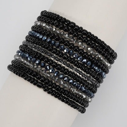 12Pcs Bohemia Multilayer Resin Seed Beaded Stackable Bracelets Colorful Crystal Glass Beads Stretch Bracelet BFF Friendship Elastic Wristbands for Women Men Summer Beach Boho Vacation Jewelry-Black