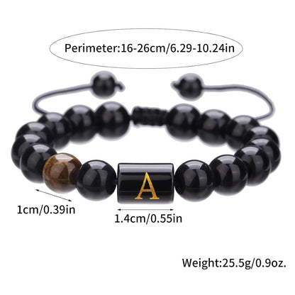 Handmade Initials Bracelets for Men Letter Link Natural Tiger Eye Black Onyx Beads Father's Day Birthday Gifts for Men Braided Rope, Meaningful Bracelet Custom Gifts for Him, Husband, Father, Boyfriend, Son( Letter Q, 26 Letters)