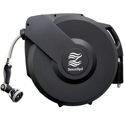 BREEZEREEL Retractable Garden Hose Reel 5/8"x100ft, 3-Ply Reinforced, High-Flow, Any Length Lock, 180° Swivel Bracket, Heavy-Duty Aluminum Mount, Slow Retract, Auto-Layer, 10 Spray Nozzle