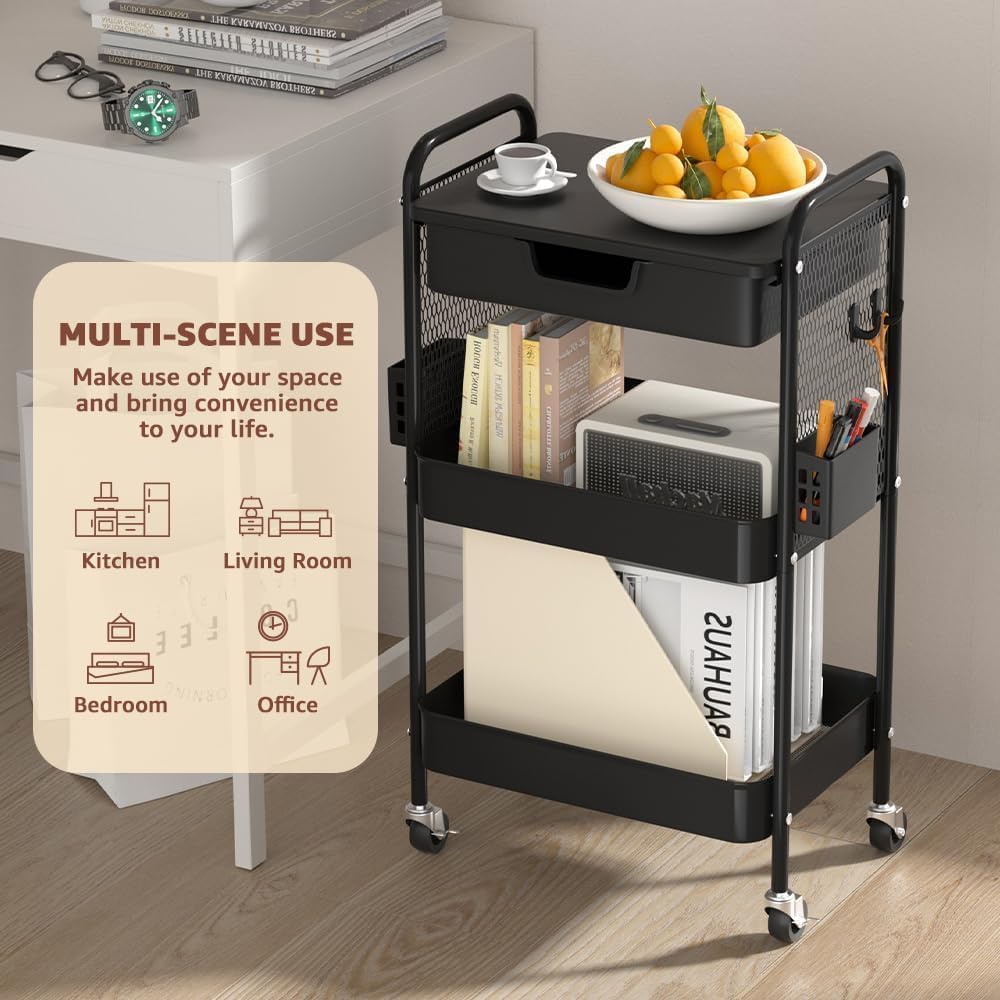 HIDODO 3 Tier Rolling Cart with Drawer, Metal Rolling Utility Cart on Wheels with Pegboard, Art Cart Storage Organizer with Tabletop for Living Room, Office, Bedroom (Black)