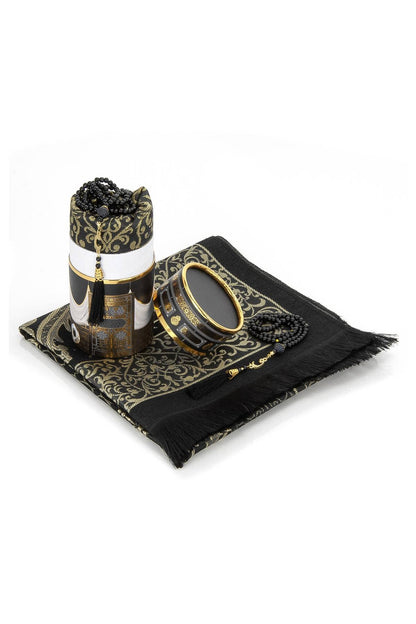 FURKAN Muslim Prayer Rug & Beads Set with Stylish Cylinder Gift Box Janamaz Sajadah Prayer Mat Perfect Islamic Spiritual Gift for Ramadan Islamic, Cylinder Gift Box - Model 2 - Black