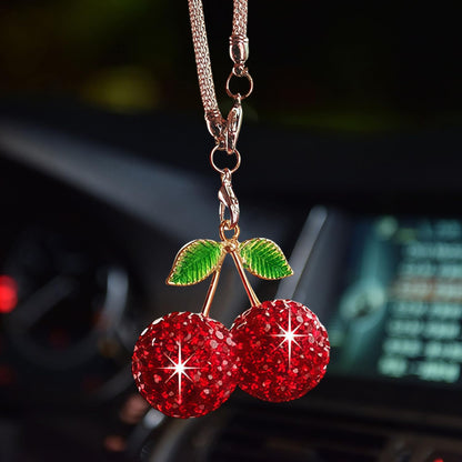 Bling Cherry Car Hanging Ornament, Cute Crystal Rear View Mirror Pendant, Sparkly Diamond Rearview Mirror Charms, Lucky Car Interior Decor Accessories (Red)
