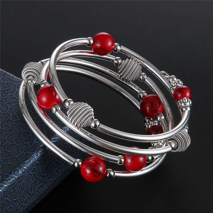 PEARL&CLUB Beaded Chakra Bangle Turquoise Bracelet - Fashion Jewelry Wrap Bracelet with Thick Silver Metal and Mala Beads, Birthday Gifts For Women(63-Red)