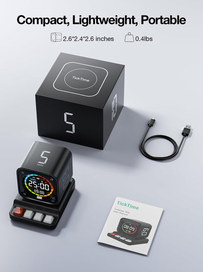 TK3 Pomodoro Timer Cube, Desk Productivity Timer with 5/10/30/60 Min Presets, Custom Countdown, Stopwatch, Clock, 3 Alarm, Silent, Vibrate & Sound Mode, for Task, ADHD, Study, Kitchen,Obsidian Black