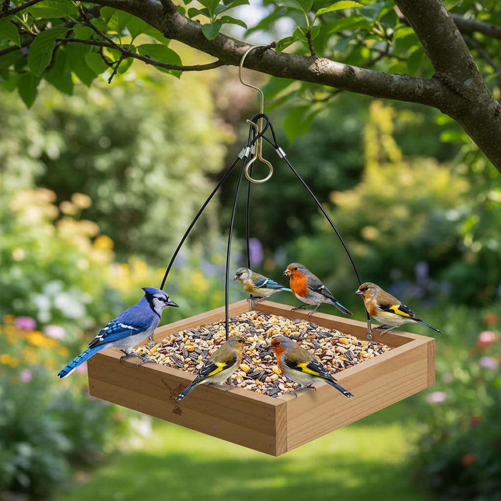 Cedar Wood Platform Tray Bird Feeder 10” - Hanging Bird Feeder for Outside Outdoor - Stainless Steel Cable Mesh Base - Weather Proof Birdfeeder for 10 Years - Longtime Outdoor Lasting Heavy Duty