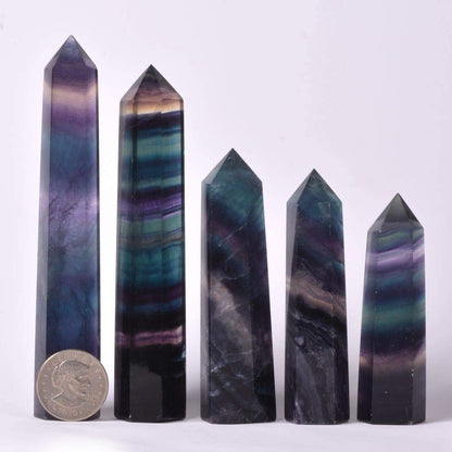 Angelstones Natural Rainbow Fluorite Gemstone Healing Crystal Hexagonal Pointed Reiki Chakra Faceted Prism Wand Carved Stone Figurine Home Decor
