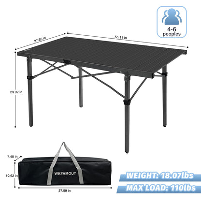 WKFAMOUT 29.9" Tall Folding Camping Table for 2-6 Person, 54.7" Large Aluminum Foldable Roll-up Table Outdoor with Carry Bag for Picnic, Camp, Sturdy, Backyard, Patio