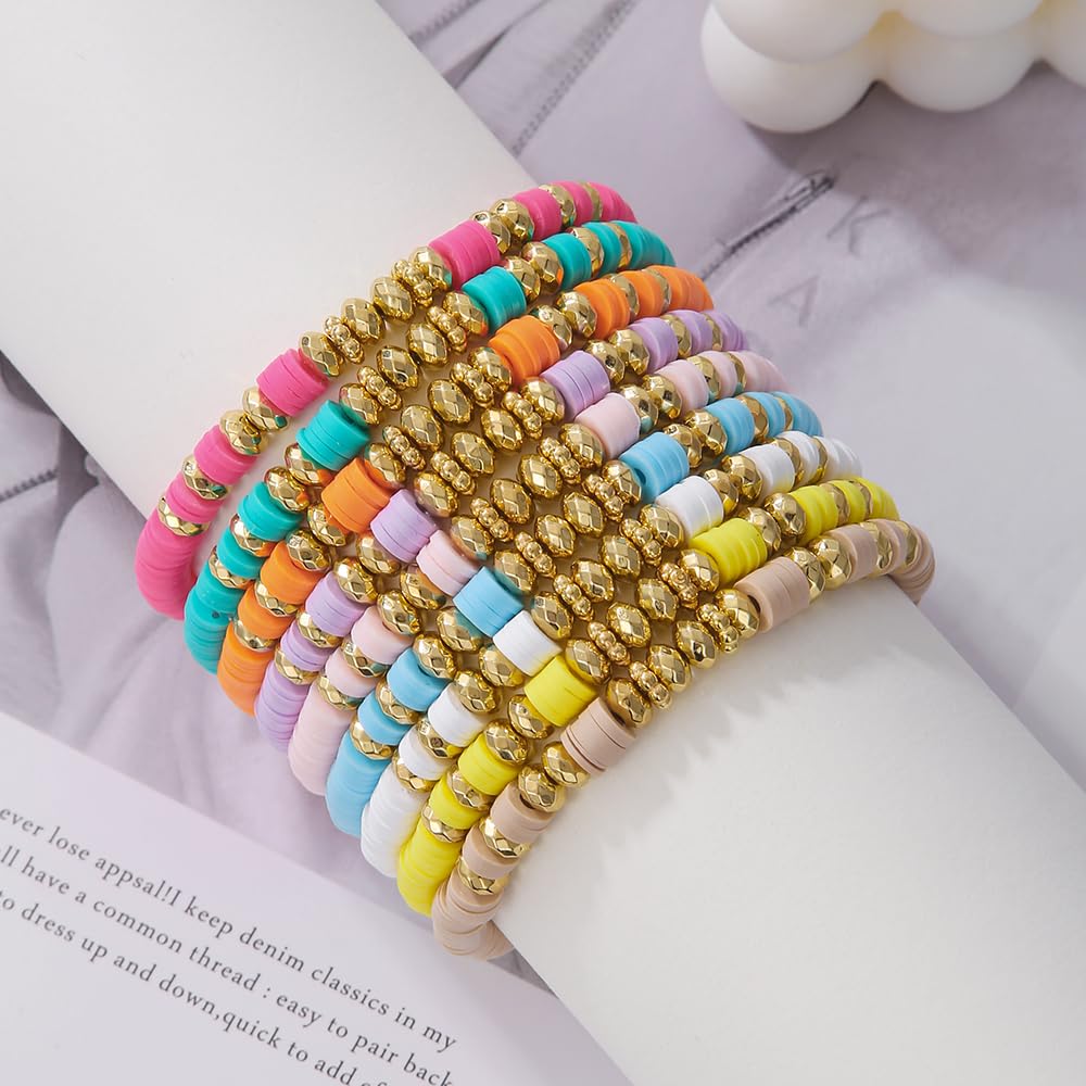 Behrooci Friendship Bracelets Boho Stackable Bracelets for Women Surfer Heishi Clay Bead Bracelet Stretch Preppy Bracelet (9pcs Colorful)