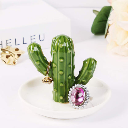 AUTODECO Ceramic Ring Holder Handmade Trinket Dish for Rings Earrings Necklace Organizer Display Great Birthday for Women Green Cactus