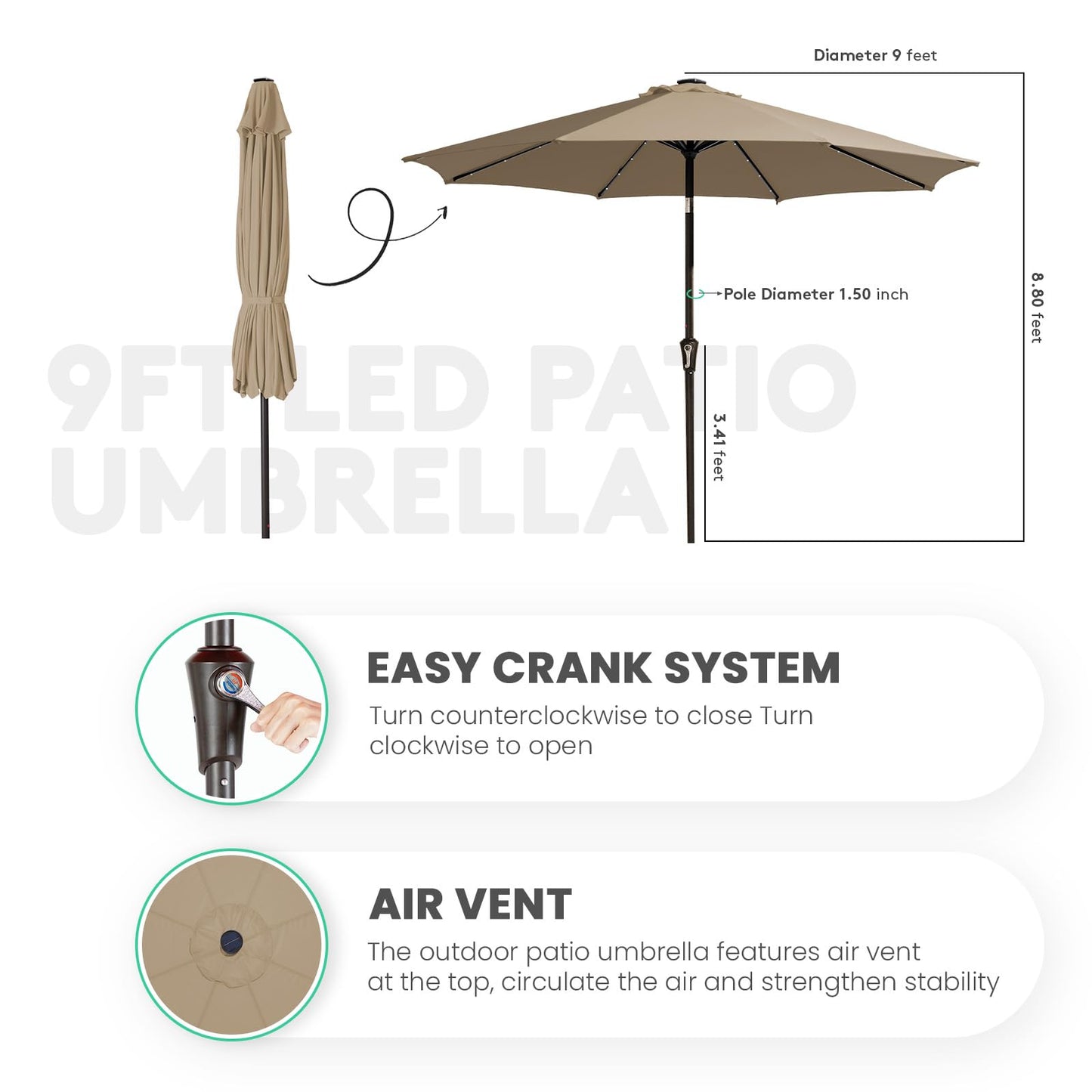 JEAREY 9FT Outdoor Patio Umbrella with Solar Lights, LED Lighted Pool Umbrella with Tilt and Crank, Outdoor Table Umbrellas for Deck, Yard & Market (Beige)