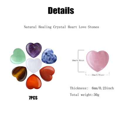 YATOJUZI 7 Chakra Natural Heart Healing Crystals Rose Quartz Amethyst Heart Love Stones Set Bulk Polished Pocket Palm Thumb Gemstones Chakra Reiki Balancing 0.8 inches