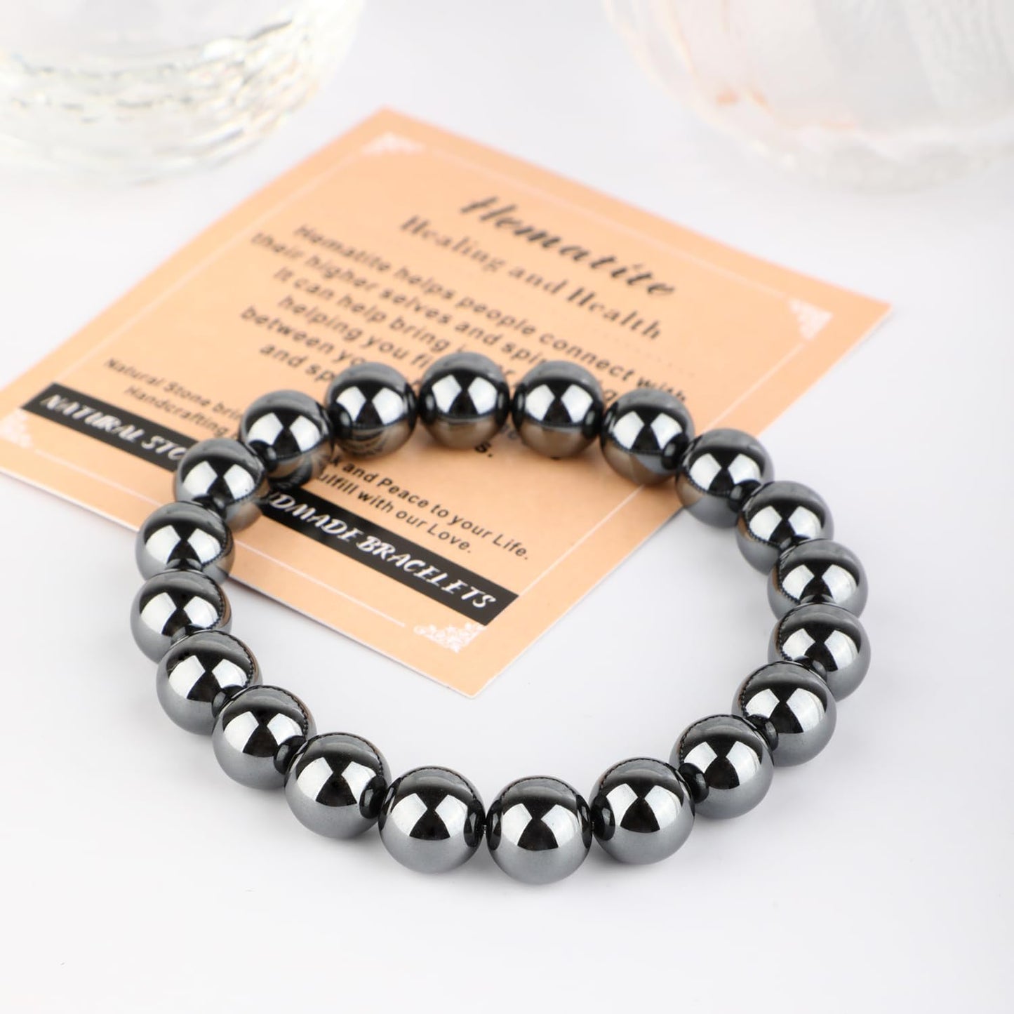AD Beads 4mm Handmade Hematite Elastic Bracelet – Natural Gemstone for Healing and Health – Meditation, Yoga, Healing and Energy Gift for Men Women