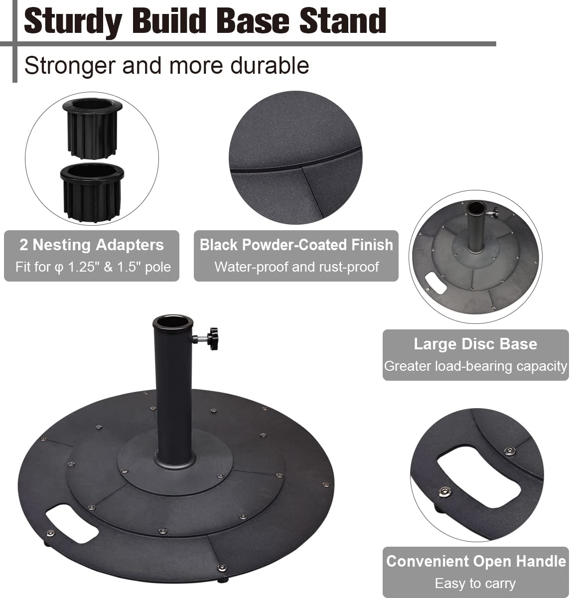 Koutemie 21 Inches Heavy Duty Metal Outdoor Patio Umbrella Base Stand Holder for 1-¼" or 1-½" Umbrella Poles, Black
