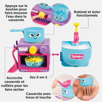 Toomies E73264 Bubble & Bake Bathtime, Bath Toddlers, Kitchen Themed Bubble Making Toy, 2 in 1 Set, Kids Water Play Suitable for 18 M & 2 3 & 4 Year Old Boys & Girls, Multicoloured, 21 X 28 X 15 cm