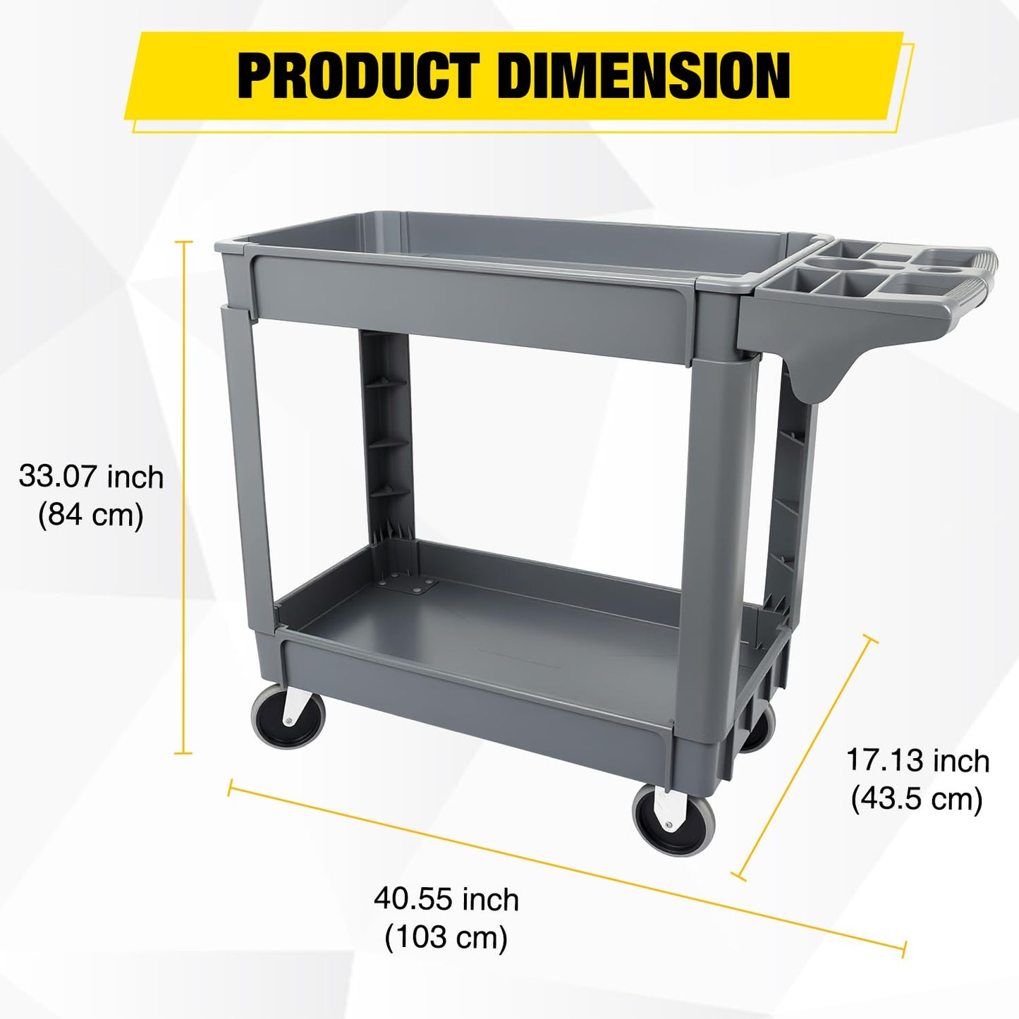 POTOLON Heavy Duty 2-Shelf Plastic Utility Cart - 550 lbs Capacity Rolling Service Cart with 5" TPU Silent Wheels & Integrated Tool Handle - Grey