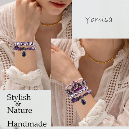 Yomisa Boho Beaded Bracelets for Women,Multilayer Wrap 5PCS Healing Natural Amethyst Stone Bead Bracelets Handmade Stackable Friendship Stretchy Beaded Bracelet Set Trendy Bohemian Jewelry Gift Women