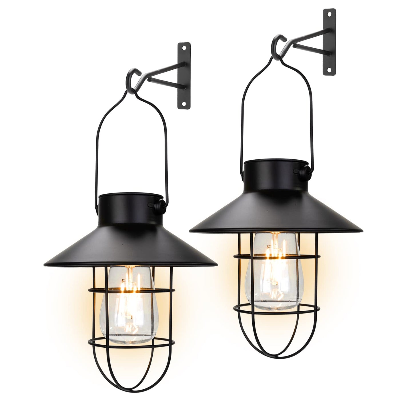pearlstar Solar Lanterns Outdoor Metal Solar Powered Hanging Lights Waterproof for Wall Barn Yard Garden Patio Garage Balcony Porch Fence Decor, Warm White Edison Bulb (Black-2pack)