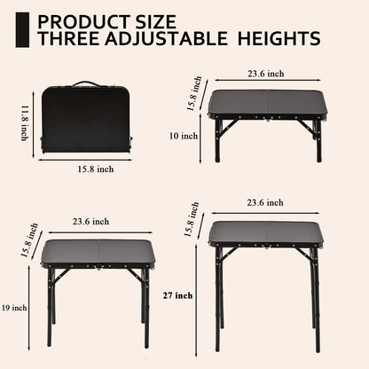 YihuiKo Folding Picnic Table with Storage Net, Matte Black Aluminum Folding Table 23.6" x 15.8", Adjustable Height Max 27.5", Lightweight Portable for Camping Travel Grill Indoor