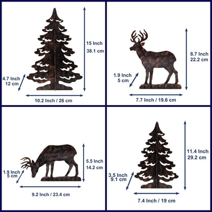 YULETIME 4-Piece Metal Christmas Reindeer and Tree Scene Silhouette Set, Winter Forest Deer & Spruce Landscape Holiday Tabletop Ornament