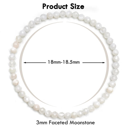 BONNY BOXX Natural Genuine Gemstone Faceted Round Beads Bracelets, 3mm Adjustable Stretchy Tiny Faceted White Moonstone Bracelet, Healing Crystal Reiki Chakra Dainty Jewelry Fashion Gifts