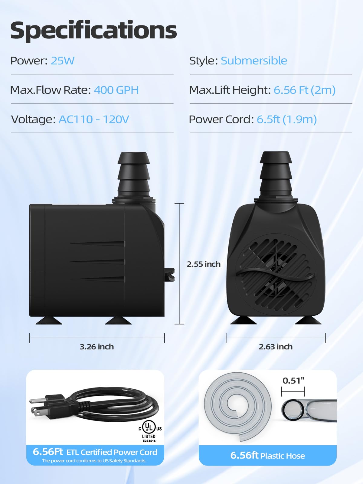 400GPH Submersible Water Pump(1500L/H, 25W), Ultra Quiet Water Fountain Pump with 6.56ft High Lift & 6.5ft Hose, 3 Nozzles for Pond Waterfall, Fish Tank, Aquarium, Hydroponics