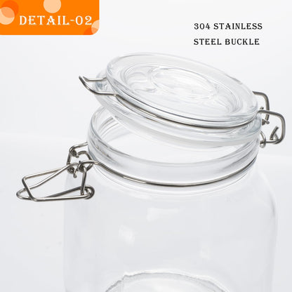 LOOIOOJ 34oz Square Glass Food Storage Jars with Airtight Clamp Lids, 3 Pack Large Kitchen Canisters for Flour, Cereal, Coffee, Pasta and Canning, Mason Jar (Clear 34oz Square - 3 sets)