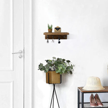 HRONRAD Rustic Key Holder for Wall, Farmhouse Wall Shelf with 4 Hooks, Wall Mounted Key Racks, Wooden Mail Organizer with Hooks for Entryway (Brown)