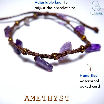 PusSoul Handmade Amethyst Small Crystal Bracelet (6.5-7.5'') - Adjustable & Plus Size, Natural Healing Crystal Chips, Waterproof, Chakra Beaded - Unusual Jewelry for Women, Girl & Friendship from