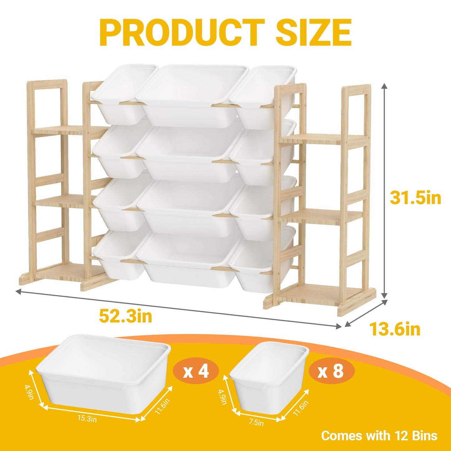 Dclavy Toy Storage Organizer with Bookshelf for Kids, Large Wooden Shelf with 12 Storage Bins & 6 Shelves, Toy Box Organization for Kids Rooms, Playroom, Nursery and Living Room