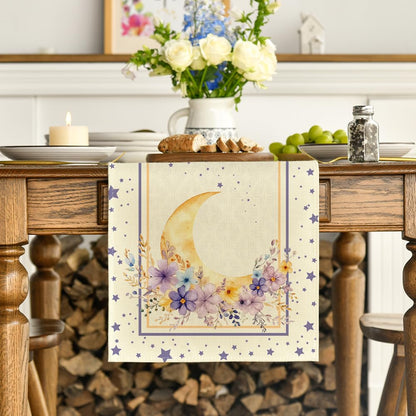 Artoid Mode Ramadan Moon Lantern Floral Table Runner, Seasonal Kitchen Dining Table Decoration for Home Party Decor 13x72 Inch