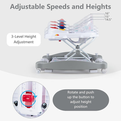 INFANS Baby Walker, 5 in 1 Behind Walker Learning Seated Rocker Bouncer with Removable Music Tray, Adjustable Height, Washable Seat Cushion, Foldable Activity Center for Toddlers (Light Gray)