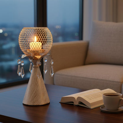 CAUWSAI White Gold Metal Mesh Candle Holder with Crystal Pendants, 9.0" Decorative Pedestal Design, Diamond Globe Top, Matte Finish, Candlestick for Home and Holiday Decor & Valentine's Day