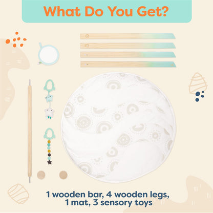 B. toys – Wooden Baby Play Gym – Activity Mat – Starry Sky – 3 Hanging Sensory Toys – Natural Wood – Babies, Infants