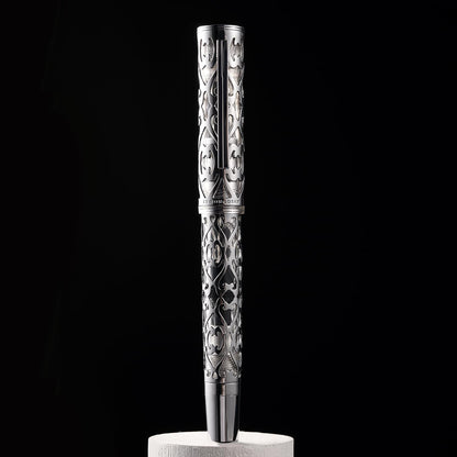 HONG DIAN D1 Piston Fountain Pen Fine Nib, Hollow Skeleton & Resin with Metal Case Set (Silver)