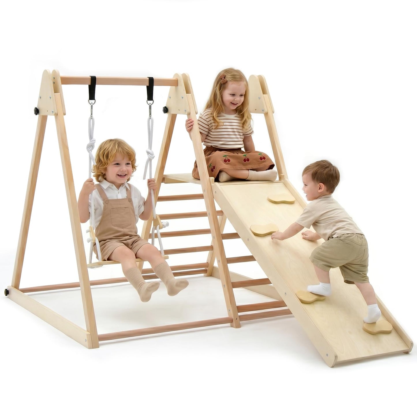 OLAKIDS Indoor Jungle Gym 4 in 1 Foldable Toddler Wooden Montessori Baby Climbing Toys with Swing Slide Ramp Ladder for Kids Playground Climb Activity Play Structure