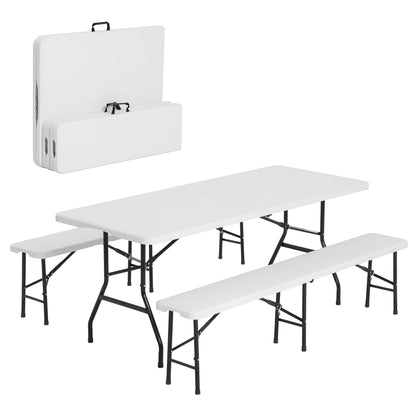 Winlice 6 FT White Picnic Folding Table Set with 2 Benches, Portable Patio Dining Sets for Backyard, Lawn, Event, Party, Camping