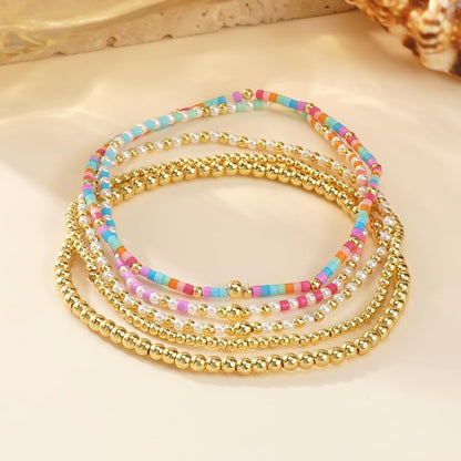 SHINUS BOHO 14K Gold Plated Blue Pink Beaded Bracelets Stack Set for Women,Stretch Stackable Cute Bohemian Colorful Fun Beads Ball Jewelry Friendship Summer Trendy