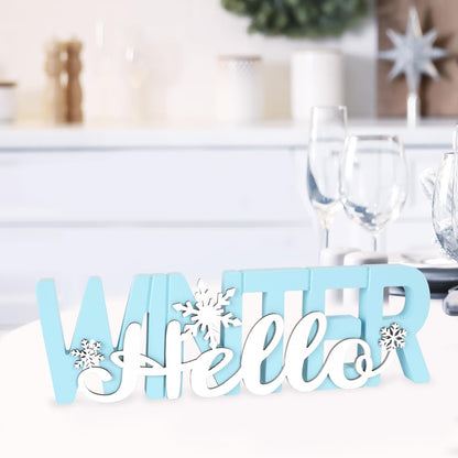 COCHIE Wooden Hello Winter Sign, Holidays Snowflake Decorations for Home, Office, Shelf, Mantel, Indoor, Wood White Snowflake Decor, Blue Table Top Party Supplies Decoration (Winter)
