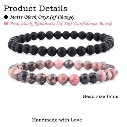 NCB 2-Piece 6mm Natural Crystal Gemstone Stretch Bracelets – ﻿Pink Black Rhodonite, Matte Black Agate Handmade Reiki Energy Healing Jewelry for Meditation,Yoga, Unisex